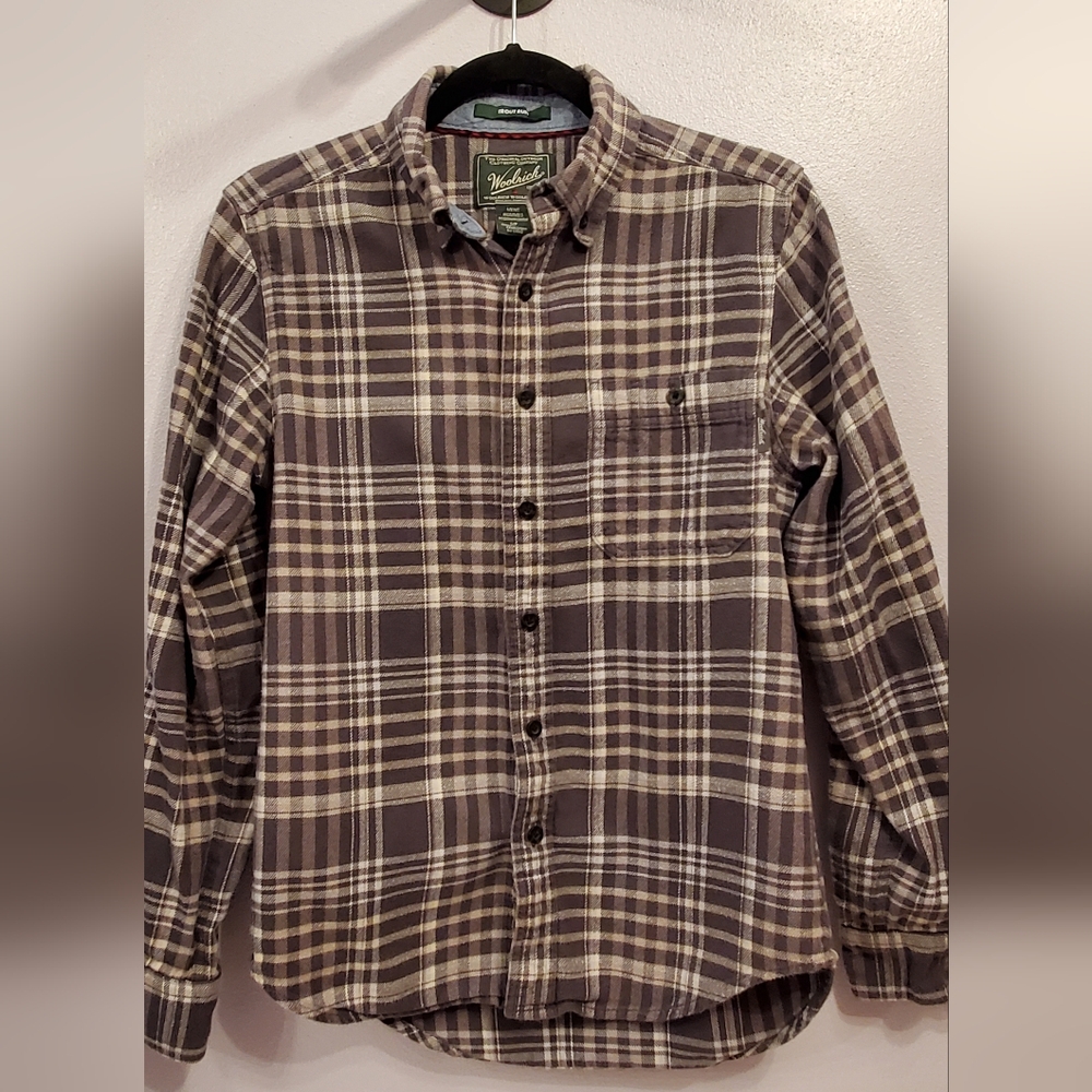 Woolrich Men's Trout Run White & Grey Plaid Flannel buttoned collar Size Small
